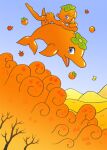  1girl :d ;d animal autumn_leaves bare_tree blue_sky commentary_request day dolphin dress food fruit kabiinyo_(kab) leaf maple_leaf one_eye_closed open_mouth original outdoors persimmon purple_eyes sky smile tree 