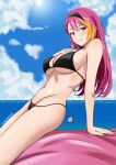  1girl alternate_hairstyle aqua_nails beach bikini black_bikini black_hair blonde_streaks blush breasts commentary_request day fingernails hair_down happy_birthday highres idolmaster idolmaster_million_live! large_breasts long_hair maihama_ayumu multicolored_hair nail_polish navel outdoors pink_eyes pink_hair ponpon sitting smile solo streaked_hair swimsuit 