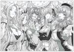  5girls absurdres adjusting_hair alsace_(azur_lane) arm_under_breasts azur_lane bare_shoulders belt beret between_breasts breast_strap breasts bremerton_(azur_lane) cleavage clothing_cutout detached_sleeves dress earrings epaulettes finger_to_mouth flamelo formidable_(azur_lane) frilled_dress frills greyscale hat highres huge_breasts jewelry large_breasts long_hair long_sleeves looking_at_viewer midriff monochrome multiple_girls outstretched_arm panty_straps ribbon second-party_source short_shorts shorts shoulder_cutout smile strap_between_breasts twintails two-tone_dress two-tone_ribbon v very_long_hair yorktown_(azur_lane) yorktown_ii_(azur_lane) zara_(azur_lane) 