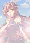  1girl bare_shoulders blue_ribbon blue_sky blunt_bangs breasts choker cloud cloudy_sky collarbone commentary_request cowboy_shot cyrene_(demiurge)_(honkai:_star_rail) cyrene_(honkai:_star_rail) day detached_sleeves diamond-shaped_pupils diamond_(shape) dress earrings floating_hair flower green_ribbon hair_flower hair_ornament hair_ribbon hand_up heart_ornament highres honkai:_star_rail honkai_(series) index_finger_raised jewelry leaf_hair_ornament long_hair looking_at_viewer medium_breasts multicolored_hair multicolored_ribbon outdoors pink_hair planet_earrings pointy_ears purple_choker purple_eyes purple_flower purple_ribbon purple_rose ribbon rose short_sleeves sidelocks single_earring sky sleeveless sleeveless_dress smile solo standing streaked_hair symbol-shaped_pupils teeth tmlv23 very_long_hair white_dress white_flower white_hair white_rose white_sleeves 