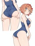  1girl absurdres ass ass_lift bad_anatomy bad_hands bare_shoulders blue_eyes blue_one-piece_swimsuit blush breasts doki_doki_literature_club hands_on_own_ass highres looking_at_viewer medium_breasts multiple_views one-piece_swimsuit sayori_(doki_doki_literature_club) school_swimsuit short_hair simple_background sweatdrop swimsuit thighs white_background xxskreamlo87809 