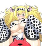  1girl 1other abyssal_ship alternate_costume animal_ears animal_print bikini blonde_hair blue_eyes breasts censored cow_ears cow_horns cow_print enemy_lifebuoy_(kancolle) english_commentary fake_animal_ears fake_horns gambier_bay_(kancolle) gloves hairband highres horns kantai_collection large_breasts navel novelty_censor print_bikini print_legwear swimsuit thighhighs tk8d32 twintails white_bikini white_gloves white_legwear 