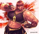  1girl abs absurdres biceps black_sports_bra black_tank_top blue_eyes blunt_bangs bob_cut breasts chain chain_necklace clenched_hands commentary_request fighting_stance fingerless_gloves gloves gold_chain hand_wraps highres huge_breasts jewelry looking_at_viewer marisa_(street_fighter) midriff muscular muscular_female navel necklace obliques red_hair short_hair shorts skirt smile solo sports_bra street_fighter street_fighter_6 tank_top twitter_username zuman_(zmnjo1440) 