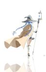  1girl absurdres ankle_boots black_ribbon blue_hair boots braid brown_cloak cloak dress english_commentary full_body hair_ribbon hat highres holding holding_staff large_hat long_hair long_sleeves mage_staff mirlusss mushoku_tensei ribbon roxy_migurdia signature simple_background solo staff standing twin_braids walking white_background white_boots white_dress witch_hat 