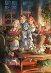  ahoge artist_request black_hairband breasts commentary_request couch elf eris_greyrat eris_greyrat_(adult) grin hair_between_eyes hairband highres husband_and_wives indoors leaning long_hair long_pointy_ears looking_at_viewer mushoku_tensei official_alternate_costume official_art on_couch open_mouth pillow pointy_ears polygamy red_eyes red_hair roxy_migurdia rudeus_greyrat second-party_source shirotaka_(5choume) sitting smile sylphiette_(mushoku_tensei) very_long_hair white_hair 