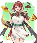  1girl alternate_costume apron breasts cooking frying_pan gem hair_ornament headpiece highres jewelry kurokaze_no_sora large_breasts open_mouth ponytail pyra_(xenoblade) red_eyes red_hair short_hair short_ponytail smile solo thighs tiara xenoblade_chronicles_(series) xenoblade_chronicles_2 