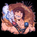  1boy bangs bare_pecs blush brown_hair chest_harness creature cropped_torso fate/grand_order fate_(series) feather_boa fou_(fate) gameplay_mechanics harness holy_grail_(fate) large_pectorals male_focus mature_male messy_hair muscular muscular_male night27260 one_eye_closed orion_(super_archer)_(fate) short_hair smile solo teeth thick_eyebrows 