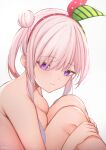  1girl absurdres airani_iofifteen armpit_crease blush breasts cleavage closed_mouth commentary completely_nude green_ribbon hair_bun hair_ribbon hands_on_own_legs highres hololive hololive_indonesia knees knees_up large_breasts long_hair nude one_side_up parkiranhonda pink_hair pink_lips pink_ribbon polka_dot polka_dot_ribbon purple_eyes ribbon simple_background single_side_bun solo striped_ribbon virtual_youtuber white_background 
