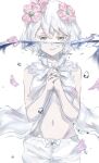  1girl absurdres air_bubble bare_arms breasts bubble collared_shirt colored_eyelashes commentary cowboy_shot dogwood_(flower) english_commentary flower groin hair_flower hair_ornament hands_up highres interlocked_fingers jitome kudou_chitose kudou_chitose_(1st_costume) looking_at_viewer medium_hair navel nijisanji own_hands_clasped own_hands_together pale_skin parted_lips partially_open_shirt partially_submerged partially_underwater_shot petals pink_flower pink_petals shirt shorts sleeveless sleeveless_shirt small_breasts smile solo stomach straight-on taku_(user_fhus8258) virtual_youtuber water white_background white_eyelashes white_hair white_shirt white_shorts yellow_eyes 