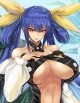  1girl asymmetrical_wings bangs bare_shoulders belt blue_background blue_hair bow breasts choker collarbone detached_sleeves dizzy_(guilty_gear) eyebrows_visible_through_hair fingernails gond guilty_gear guilty_gear_x guilty_gear_xx hair_between_eyes hair_ribbon hair_rings hand_on_own_chest huge_breasts long_hair long_sleeves looking_at_viewer midriff nail_polish navel open_mouth puffy_long_sleeves puffy_sleeves red_eyes ribbon sideboob simple_background solo toned twintails underboob upper_body wings yellow_bow 