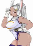  1girl 9_gopy :o alternate_hairstyle animal_ears bare_shoulders boku_no_hero_academia breasts commentary covered_abs covered_navel crescent_print dark-skinned_female dark_skin fur_collar gloves hair_ornament hairclip hand_on_own_hip hand_up highleg highleg_leotard highres large_breasts leotard long_eyelashes long_hair looking_at_viewer mirko parted_bangs parted_lips ponytail purple_thighhighs rabbit_ears rabbit_girl rabbit_tail red_eyes simple_background solo tail tail_through_clothes taut_leotard thick_thighs thighhighs thighs toned toned_female untranslatable_commentary very_long_hair white_background white_gloves white_hair white_leotard 