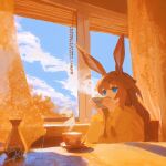  1girl amiya_(arknights) animal_ears arknights blue_eyes blue_sky bottle brown_hair commentary_request cup day drinking highres indoors long_hair long_sleeves orange_sweater painterly rabbit_ears rabbit_girl rasputin_(syr_syr_ss) saucer scenery signature sky solo steam sweater table teacup upper_body window window_blinds 