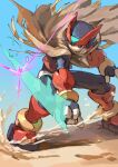  1boy android armor battle_damage black_eyes blue_sky brown_cloak cloak commentary_request day dust dynamic_pose energy_sword forehead_jewel helmet highres holding holding_sword holding_weapon male_focus mega_man_(series) mega_man_zero_(series) mega_man_zero_2 omochi_(mochi_skymega) outdoors red_armor red_helmet sky solo standing sword weapon z_saber zero(z)_(mega_man) zero_(mega_man) 