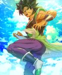  1boy bara black_hair broly_(dragon_ball_super) cloud cloudy_sky dragon_ball dragon_ball_super dragon_ball_super_broly fighting_stance foot_out_of_frame from_side highres knee_up looking_at_viewer male_focus medium_hair muscular muscular_male pants pectorals saiyan_armor scar scar_on_cheek scar_on_face skin_tight sky solo spiked_hair tarutobi thighs tight tight_pants yellow_eyes 