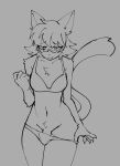  1girl :3 animal_ears animal_nose blush bra cat_ears cat_girl cat_tail cowboy_shot fang fang_out flaccid futanari glasses grey_background greyscale highres looking_at_viewer monochrome navel original otter_spices panties panty_pull penis penis_peek short_hair simple_background sketch smile solo tail uncensored underwear 