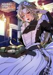  1boy absurdres apron black_dress black_gloves blonde_hair blush commentary_request crossdressing crossdressing_(mtf) cup dress enmaided gloves grey_eyes hair_between_eyes hand_up heterochromia highres holding hugo_vlad indoors kettle korean_commentary long_hair maid maid_apron maid_headdress male_focus male_maid mole mole_under_eye nh2nd open_mouth red_eyes single_glove solo sugar_cube white_apron zenless_zone_zero 