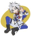  1boy :3 :p belt black_boots black_streaks blue_belt blue_eyes blue_leggings blue_shirt boots chest_harness claw_pose closed_mouth curtained_hair earrings ensemble_stars! full_body gold_ring gradient_legwear grey_hair hair_between_eyes harness highres jacket jewelry ki_nomi_3 knee_up leggings long_sleeves looking_at_viewer male_focus mandarin_collar multicolored_hair parted_bangs ring rope_necklace shirt short_hair shorts simple_background sitting solo spread_legs streaked_hair taki_ibuki thumb_ring tongue tongue_out v-shaped_eyebrows white_background white_jacket white_shorts yellow_background 