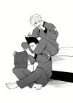  2boys barefoot barou_shouei blue_lock candy chuma_a_a closed_mouth commentary_request food full_body greyscale highres holding holding_candy holding_food holding_lollipop holding_shirt holding_unworn_clothes legs_on_another's_shoulders lollipop male_focus monochrome multiple_boys nagi_seishirou on_bed on_floor pajamas pants shirt short_hair simple_background sitting toes unworn_shirt white_background 