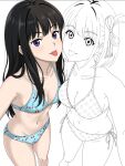  2girls :p bikini black_hair blue_bikini bob_cut breasts cherry_print closed_mouth commentary_request food_print foreshortening from_above fruit_print iganin_r inoue_takina large_breasts long_hair looking_at_viewer looking_up lycoris_recoil multiple_girls navel nishikigi_chisato partially_colored polka_dot polka_dot_bikini print_bikini purple_eyes short_hair side-tie_bikini_bottom simple_background standing stomach straight_hair swimsuit tongue tongue_out unfinished white_background 