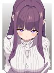  1girl absurdres blunt_bangs blush_stickers breasts commentary fern_(sousou_no_frieren) grey_background half_updo highres large_breasts long_hair looking_at_viewer noyama_takenoko outline purple_eyes purple_hair shirt sidelocks simple_background solo sousou_no_frieren upper_body white_outline white_shirt 
