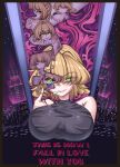  1girl absurdres areola_slip black_shirt blonde_hair blush border breasts brown_border building chinese_commentary cigarette city commentary_request english_text green_eyes heart heart-shaped_pupils highres large_breasts looking_at_viewer mengxiongmao mizuhashi_parsee poster_(medium) revealing_layer shirt short_hair sky skyscraper sleeveless sleeveless_shirt smoke star_(sky) starry_sky symbol-shaped_pupils touhou upper_body variant_set 