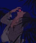  1boy blue_background bracelet closed_eyes collared_shirt commentary earrings eating eating_non-food floating_clothes from_side full_moon hand_on_own_neck hand_up head_back highres jewelry layered_shirt leaf leaning_back long_sleeves mahoutsukai_no_yakusoku male_focus medium_hair moon murr_hart necklace open_clothes open_mouth open_shirt outdoors print_shirt purple_hair red_moon red_shirt ring saturn_(planet) shirt solo stacia42410994 standing u_u unbuttoned_sleeves upper_body wing_collar 