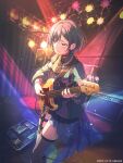  1girl absurdres amplifier artist_request bang_dream! bang_dream!_our_notes black_choker black_nails black_shorts cable choker closed_mouth commentary_request detached_sleeves earrings green_eyes grey_hair grey_shirt grey_thighhighs guitar_strap highres jewelry long_sleeves medium_hair nail_polish official_art pedal_board shirt shorts single_thighhigh solo stage_lights striped_clothes striped_shirt studded_choker studs sweatdrop thigh_strap thighhighs yakura_yomogi 