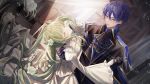 1boy 1girl absurdres arched_back ascot black_ascot black_gloves blue_ascot blue_eyes blue_flower blue_hair blue_rose cantarella_(vocaloid) checkered_floor closed_eyes closed_mouth coat collared_coat commentary_request dancing dress dutch_angle flower frilled_ascot frills gloves gold_trim green_hair hair_between_eyes hair_flower hair_ornament hand_on_another's_back hatsune_miku hatsune_miku_(rosa_bianca) highres holding_hands kaito_(rosa_blue)_(vocaloid) kaito_(vocaloid) light_rays long_hair long_sleeves multicolored_ascot multicolored_coat pale_skin parted_lips ringlets rose short_hair smile tokiwa_kubomi_(kubomi_chan0425) twintails two-tone_ascot two-tone_coat very_long_hair vocaloid waltz_(dance) white_dress white_flower white_rose window 