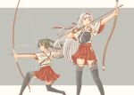  2girls absurdres armor arrow_(projectile) boots bow_(weapon) breastplate drawing_bow gloves green_hair hair_ribbon hairband hakama_skirt headband highres holding holding_bow_(weapon) holding_weapon japanese_clothes kantai_collection long_hair multiple_girls muneate pot-de ribbon shoukaku_(kancolle) silver_hair skirt thigh_boots thighhighs twintails weapon white_hair zuikaku_(kancolle) 