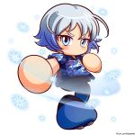  1girl black_shoes blue_eyes blue_hair blue_pants blue_shirt blue_shoes commentary_request gradient_hair highres jikkyou_powerful_pro_yakyuu jikkyou_powerful_pro_yakyuu_(style) jikkyou_powerful_soccer multicolored_hair multicolored_shoes no_mouth official_style pants parmesan_(zan_parmesanne) rayman_limbs shirt shoes short_hair snowflakes soccer_uniform solo sportswear touga_tsukasa twitter_username two-tone_shoes white_hair 