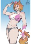  1girl :d absurdres animal_ears black_buruma black_eyes breasts buruma covered_nipples crown earrings english_commentary female_pubic_hair fingerless_gloves gloves highres horse_ears horse_girl horse_tail jewelry looking_at_viewer navel open_mouth orange_pubic_hair pink_gloves pink_sports_bra pubic_hair pubic_hair_peek reniramen short_hair single_glove smile solo sports_bra t.m._opera_o_(umamusume) tail umamusume 