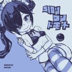  1girl ;) backbeako_(torotei) backbeard bare_shoulders bikini blue_background blue_theme blush breasts closed_mouth commentary covered_nipples dated dated_commentary dutch_angle fishnet_top fishnets gegege_no_kitarou gloves hair_over_one_eye hair_ribbon kono_lolicon_domome long_hair looking_at_viewer lying maid_headdress monochrome neck_ribbon on_side one_eye_closed original paid_reward_available pear-shaped_figure pointy_ears ribbon ribs simple_background slit_pupils small_breasts smile solo striped_clothes striped_thighhighs sweat swimsuit thighhighs torotei translated twintails web_address wide_hips 