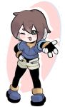  1girl :d ;d aile_(mega_man_zx) black_bodysuit blush_stickers bodysuit brown_hair chibi chibi_only commentary full_body ghosty_entity green_eyes hand_on_own_hip highres mega_man_(series) mega_man_zx one_eye_closed open_mouth robot_ears short_hair shorts smile solo standing w white_background white_shorts 