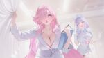  2girls azur_lane blush breasts cardiogram cleavage clipboard curtain_grab curtains dress elbow_gloves eyelashes flower_in_eye game_asset garter_straps gloves hat highres holding holding_pen holding_syringe huge_breasts indoors large_breasts long_hair looking_at_viewer multicolored_hair multiple_girls name_tag non-web_source nurse_cap official_alternate_costume official_art open_mouth pen pink_eyes pink_hair plymouth_(an_angelic_physical)_(azur_lane) plymouth_(azur_lane) pointy_ears self-datamine short_sleeves smile streaked_hair superb_(azur_lane) superb_(superb_dentistry)_(azur_lane) symbol_in_eye syringe teeth thighhighs white_dress white_garter_straps white_gloves white_hat white_thighhighs 