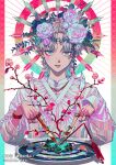  1other akiakane androgynous arrow_(projectile) artist_name copyright_notice eshi_100_nin_ten eyelashes eyeshadow flower fork green_flower grey_eyes hamaya jewelry knife looking_at_viewer makeup multiple_rings necklace original red_eyeshadow ring shirt sparkle translation_request white_flower white_hair white_shirt yagasuri 