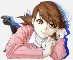  1girl black_socks brown_eyes brown_hair cardigan choker closed_mouth collared_shirt commentary_request cosmetics crossed_ankles earrings eyelashes feet feet_up full_body gekkoukan_high_school_uniform highres holding holding_lipstick_tube jewelry lipstick_tube long_sleeves lying medium_hair no_shoes on_stomach persona persona_3 pink_cardigan school_uniform shirt simple_background smile socks soles solo stud_earrings swept_bangs takeba_yukari the_pose white_background white_choker yoneyone_ya 