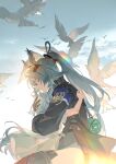  2girls absurdres aged_down animal_ears arcane_(arknights) arknights arknights:_endfield bird bird_ears bird_girl black_coat blue_sky braid chinese_commentary closed_eyes cloud coat commentary_request cowboy_shot dress dual_persona facial_mark forehead_mark from_side gloves green_hair grey_dress half_up_braid hand_on_another's_head head_wings headgear highres hug long_hair multiple_girls outdoors parted_bangs passerb37118098 pelvic_curtain ponytail profile side_slit sky tears time_paradox white_bird wings 