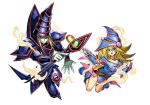  1boy 1girl blonde_hair blue_boots blue_hat blush_stickers boots breasts cleavage cloud commentary_request dark_magician dark_magician_girl duel_monster fading_outline full_body green_eyes hair_between_eyes hat holding holding_wand long_hair looking_at_viewer medium_breasts official_art outline outstretched_arm pentacle phrygian_helmet pink_skirt showgirl_skirt simple_background skirt teacher_and_student transparent_background vambraces wand white_outline wizard_hat yu-gi-oh! yu-gi-oh!_duel_monsters 