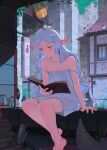 1girl absurdres barefoot book cesar_art456 commentary dress earrings elf english_commentary english_text frieren green_eyes grey_hair hand_rest highres holding holding_book jewelry leaf leaf_on_head long_hair parted_bangs parted_lips pointy_ears reading sitting sleeveless sleeveless_dress solo sousou_no_frieren strap_slip sweatdrop thick_eyebrows white_dress 