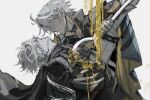  2boys absurdres armor artist_name black_choker black_gloves black_robe black_shirt blood blood_on_clothes blue_cape cape ceremonial_blade_(honkai:_star_rail) choker closed_mouth coat colored_blood cracked_skin crescent_sword crossed_bangs dual_persona english_commentary fingerless_gloves from_side gloves hand_on_another's_waist hand_up highres holding holding_sword holding_weapon honkai:_star_rail honkai_(series) hooded_robe long_sleeves male_focus multiple_boys mx.ka neck_tattoo no_eyes pale_skin phainon_(flame_reaver)_(honkai:_star_rail) phainon_(honkai:_star_rail) robe selfcest shirt short_hair shoulder_armor single_glove skirt sun_symbol sun_tattoo sword tattoo teeth two-sided_cape two-sided_fabric weapon white_background white_coat white_hair yaoi yellow_blood yellow_cape 
