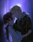  1boy 1girl 8c backlighting black_jacket blonde_hair blue_eyes blurry blurry_background brown_hair chinese_commentary closed_eyes commentary_request curled_fingers degrees_of_lewdity dress_shirt earrings facing_another hand_on_another's_neck hand_on_another's_waist hand_up hetero highres hood hood_down hooded_jacket hoop_earrings imminent_kiss jacket jewelry lapels leather leather_jacket long_hair long_sleeves looking_at_another loose_hair_strand low_ponytail multiple_earrings notched_lapels open_clothes open_jacket outdoors parted_bangs parted_lips player_character_(degrees_of_lewdity) player_character_(female)_(degrees_of_lewdity) ponytail rain shirt short_hair side_part stud_earrings three-quarter_sleeves traditional_chinese_commentary u_u upper_body v-shaped_eyebrows wavy_hair wet wet_clothes wet_hair white_shirt whitney_(degrees_of_lewdity) whitney_(male)_(degrees_of_lewdity) 