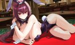  1girl animal_ear_hairband animal_ears armpit_crease bare_shoulders bow bowtie breasts chinese_commentary cleavage commentary_request detached_collar fake_animal_ears fake_tail fate/grand_order fate_(series) fishnet_pantyhose fishnets full_body hairband hand_on_own_shoulder highleg highleg_leotard highres huge_breasts indoors leotard long_hair looking_at_viewer lying on_side on_table pantyhose playboy_bunny poker_table purple_bow purple_bowtie purple_hair purple_hairband purple_leotard rabbit_ear_hairband rabbit_ears rabbit_tail red_eyes scathach_(fate) scathach_(piercing_bunny)_(fate) shiliu_xian_xian_xian solo strapless strapless_leotard table tail wrist_cuffs 