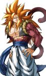  1boy abs absurdres bara bare_shoulders blue_eyes body_fur character_request dragon_ball dragon_ball_gt feet_out_of_frame gogeta hands_on_hips highres large_pectorals long_hair male_focus monkey_tail muscular muscular_male nipples orange_hair smirk solo spiked_hair stomach tail torawar white_background 