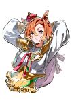  1girl animal_ears armor arms_behind_head arms_up blush breasts cape closed_mouth commentary_request cropped_torso crown gold_corset hair_between_eyes highres horse_ears horse_girl jewelry long_sleeves looking_at_viewer medium_breasts mini_crown ohayonabeno orange_hair pink_cape pink_crown purple_eyes shirt short_hair shoulder_armor simple_background smile solo t.m._opera_o_(o_sole_suo!)_(umamusume) t.m._opera_o_(umamusume) umamusume white_background white_shirt 