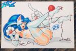  1girl animal_ears animal_feet animal_hands artist_name ass ball big_hair blue_eyes blue_hair breasts cat_ears cat_tail claws commentary darkstalkers english_commentary fangs feet felicia_(darkstalkers) highres legs_up long_hair lying marker_(medium) on_back one_eye_closed open_mouth organic_bra red_claws robaato solo tail toes traditional_media yarn yarn_ball 