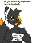 3:4 ambiguous_gender anthro bandage bandaged_chest bandaged_ear big_pupils black_body black_fur black_nose blood blood_on_face bluebambo bodily_fluids casualties:_unknown colored_blood dialogue dipstick_tail do_you_have_any_ibuprofen_(meme) english_text expie_(gunsawian) fur gore gunsawian markings meme open_mouth orange_sclera pupils simple_background solo tail tail_markings talking_to_viewer text unusual_blood unusual_bodily_fluids white_background wounded yellow_blood