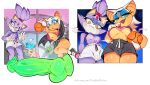 2025 5_fingers anthro ball basketball_(ball) bat big_ears blaze_the_cat blue_eyes blue_eyeshadow bodily_fluids bottomwear breasts camel_toe clothed clothed_anthro clothed_female clothing digital_media_(artwork) dildo disabledfetus domestic_cat duo eyebrows eyelashes eyeshadow felid feline felis female female_anthro fingers fur genital_outline gloves green_dildo hair handwear hi_res makeup mammal purple_body purple_fur purple_hair rouge_the_bat sega sex_toy shorts sonic_the_hedgehog_(series) steamy_breath sweat sweaty_body tan_body tan_inner_ear text tied_hair under_boob url vulva_outline white_hair yellow_eyes