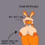1:1 anthro areola bell bell_collar big_areola big_breasts big_butt big_nipples blue_collar blue_eyes bodily_fluids breasts busty_boy_(lore) butt collar countershading daidai_the_orange_bunny dialogue english_text female fur grey_background hair hi_res highlights_(coloring) huge_areola huge_breasts huge_butt huge_nipples huge_thighs hyper hyper_breasts hyper_butt hyper_thighs lactating lagomorph leaf leaf_on_head leporid male_(lore) mammal milk nipples open_mouth orange_areola orange_body orange_fur orange_highlights orange_nipples rabbit simple_background solo speech_bubble sudachi_usagi_(artist) tan_body tan_breasts tan_countershading tan_hair text thick_thighs