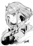  1girl blush breasts closed_mouth commentary_request earrings greyscale headpiece highres jewelry large_breasts monochrome pyra_(xenoblade) short_hair signature simple_background sketch smile solo takuji_yuusaku upper_body white_background xenoblade_chronicles_(series) xenoblade_chronicles_2 