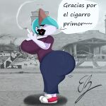 1:1 absurd_res anthro azucena_(eddiebrije) big_breasts big_butt black_lips breasts butt cigarette clothed clothing eddiebrije female fingers generation_3_pokemon green_hair hair hi_res holding_cigarette holding_object huge_breasts lips looking_at_viewer mature_female nintendo not_furry pokemon pokemon_(species) ralts smile smoke solo thick_lips thick_thighs white_body wide_hips